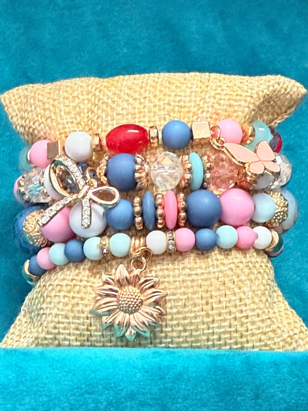 Stacked Pink Blue Multicolor Beaded Sunflower Butterfly Bow Charm Bracelet Set